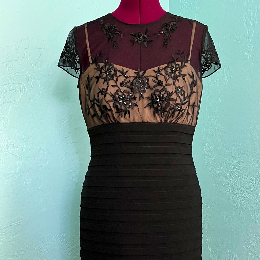 Marina Black Lace Cap Sleeve Midi Dress Size 8